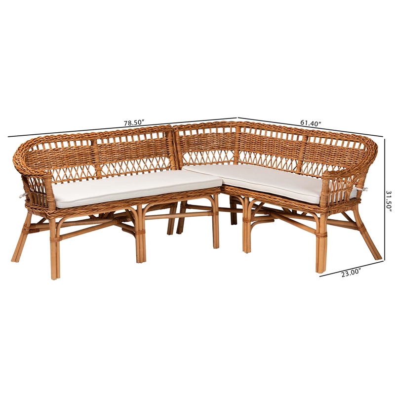 Pemberly Row 2-Piece Rattan Dining Nook Banquette Set in Natural Brown