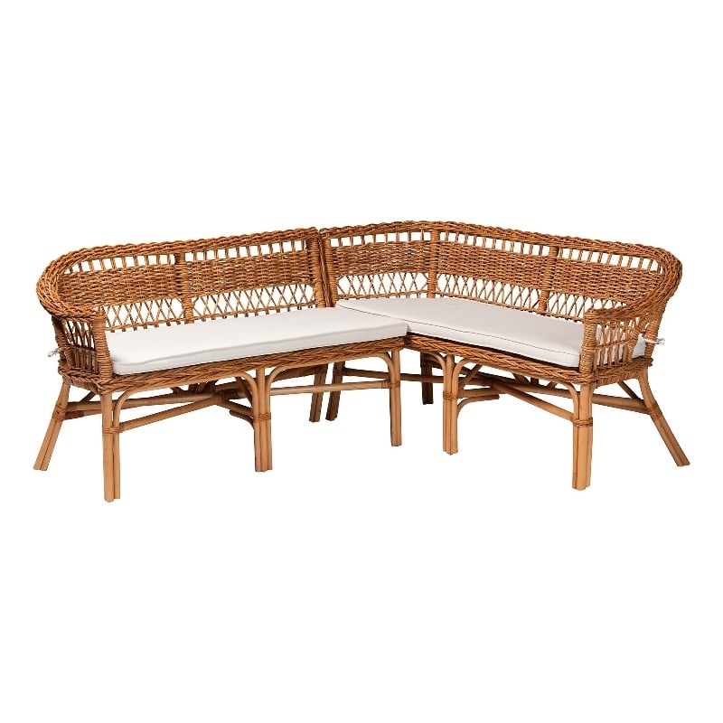 Pemberly Row 2-Piece Rattan Dining Nook Banquette Set in Natural Brown