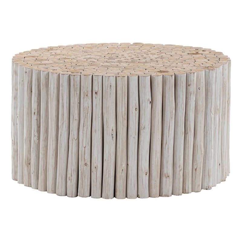 Pemberly Row Contemporary Jungle Wood Coffee Table in White Wash Color