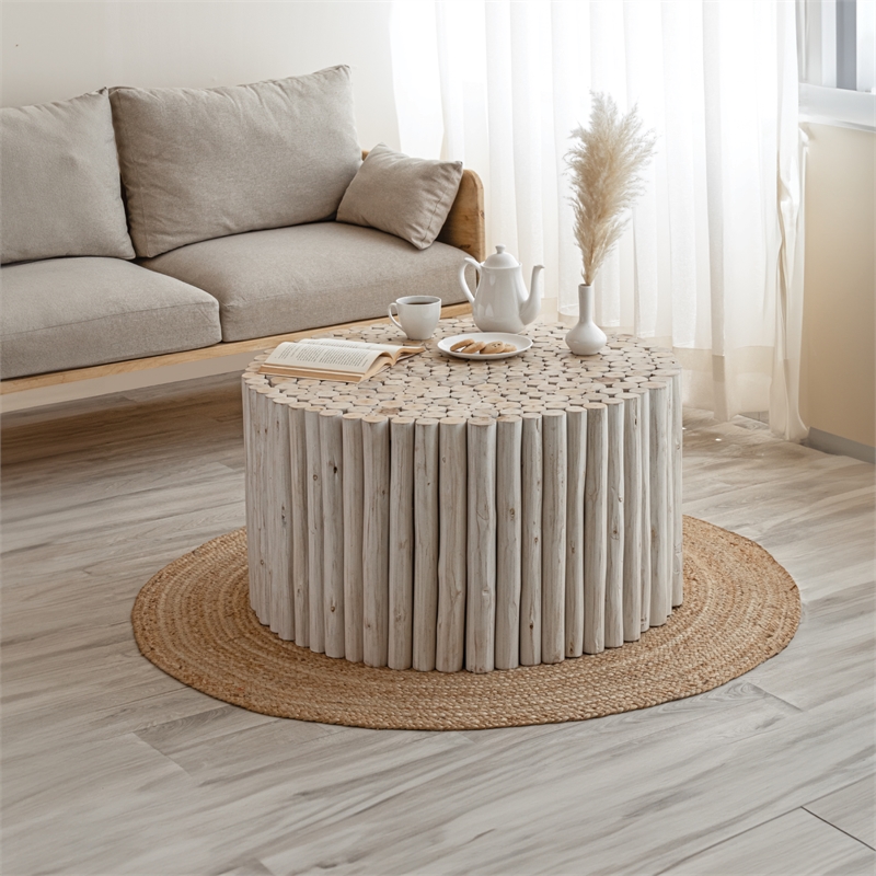 Pemberly Row Contemporary Jungle Wood Coffee Table in White Wash Color