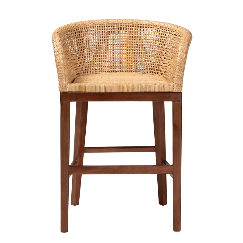 Pemberly Row Natural Rattan and Walnut Brown Acacia Wood Counter Stool