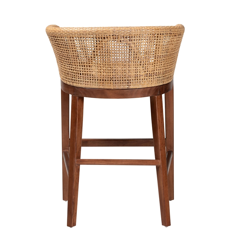 Pemberly Row Natural Rattan and Walnut Brown Acacia Wood Counter Stool