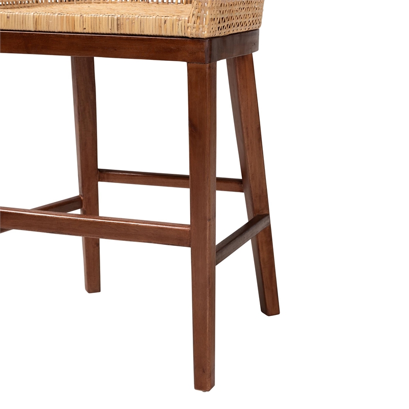 Pemberly Row Natural Rattan and Walnut Brown Acacia Wood Counter Stool