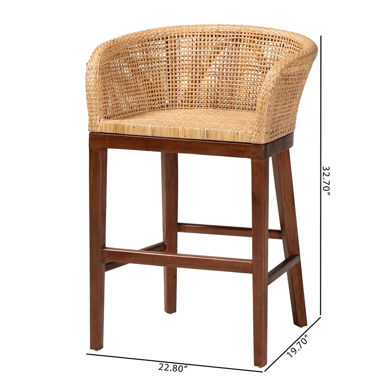 Pemberly Row Natural Rattan and Walnut Brown Acacia Wood Counter Stool