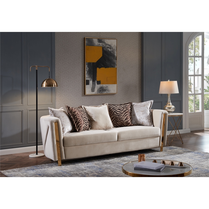 Pemberly Row Thick Velvet Fabric Upholstered Sofa Made With Wood in Beige