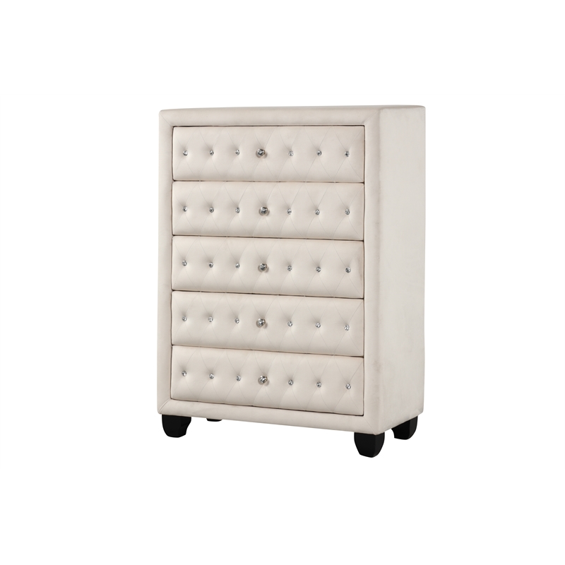 Pemberly Row Crystal Tufted Modern 5-Drawer Chest made with wood in Cream