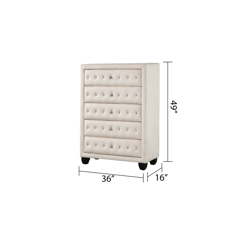 Pemberly Row Crystal Tufted Modern 5-Drawer Chest made with wood in Cream