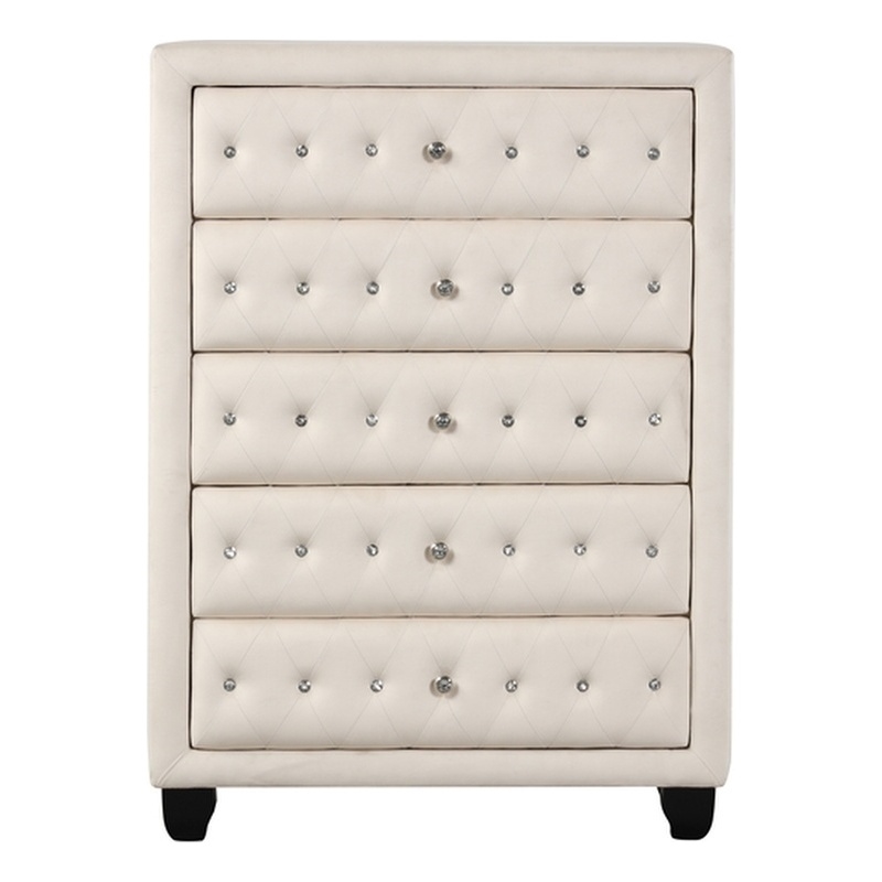 Pemberly Row Crystal Tufted Modern 5-Drawer Chest made with wood in Cream
