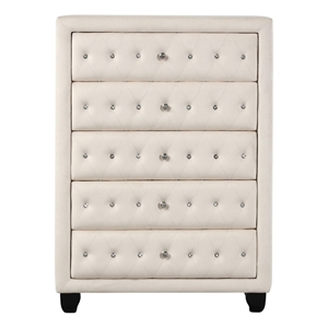 Pemberly Row Crystal Tufted Modern 5-Drawer Chest made with wood in Cream