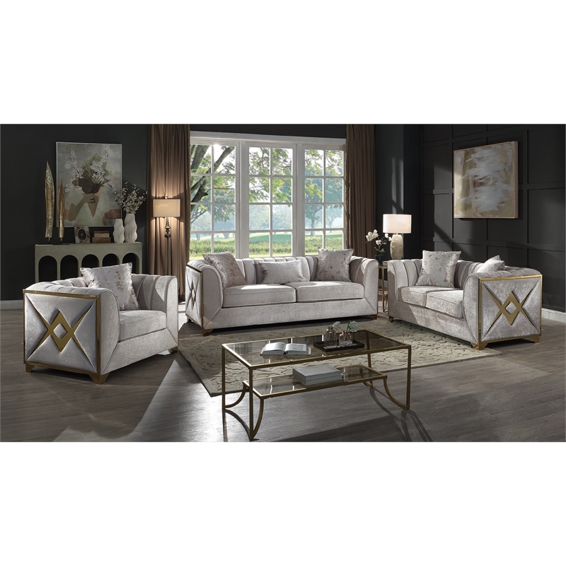 Pemberly Row Modern Loveseat in Gold Finish Made with Wood in Cream Color