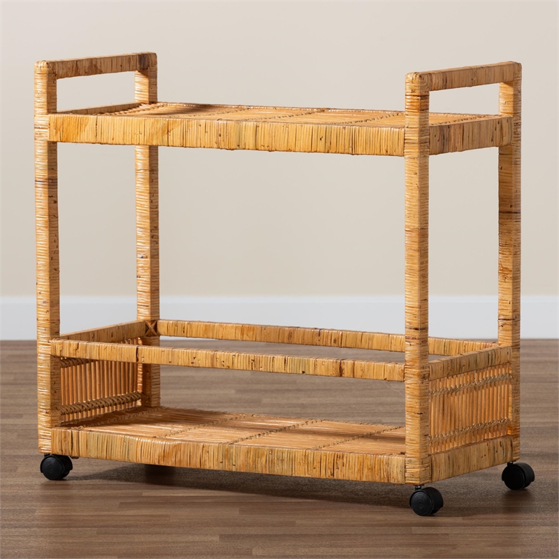 Pemberly Row Natural Brown Rattan and Teak Wood 2-Tier Kitchen Cart