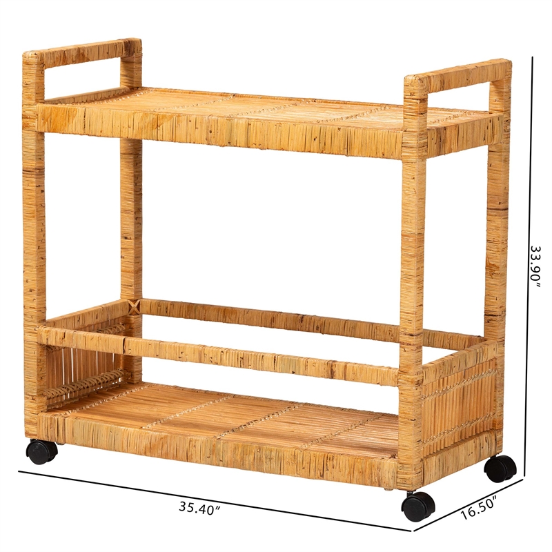 Pemberly Row Natural Brown Rattan and Teak Wood 2-Tier Kitchen Cart