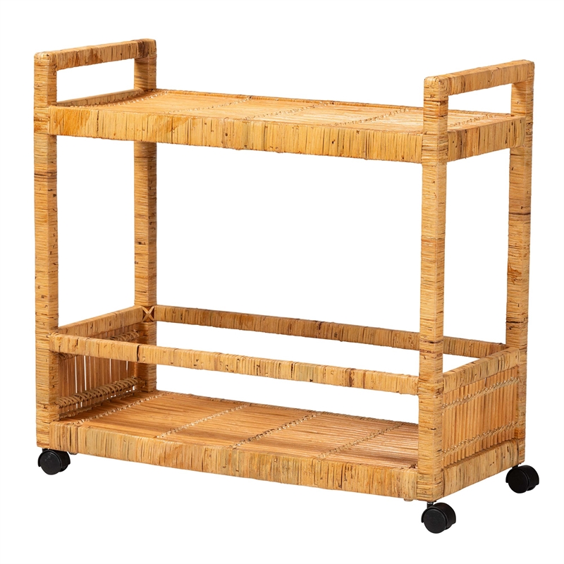 Pemberly Row Natural Brown Rattan and Teak Wood 2-Tier Kitchen Cart