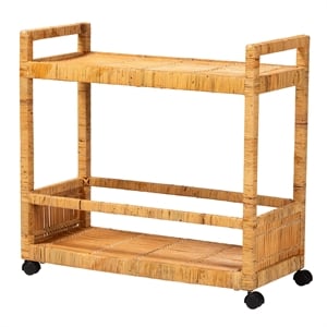 Pemberly Row Natural Brown Rattan and Teak Wood 2-Tier Kitchen Cart