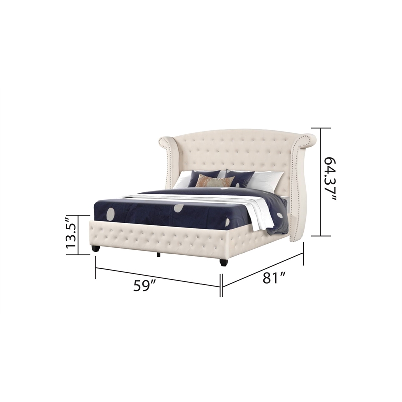 Pemberly Row Crystal Tufted Modern Full Bed made with Wood in Cream