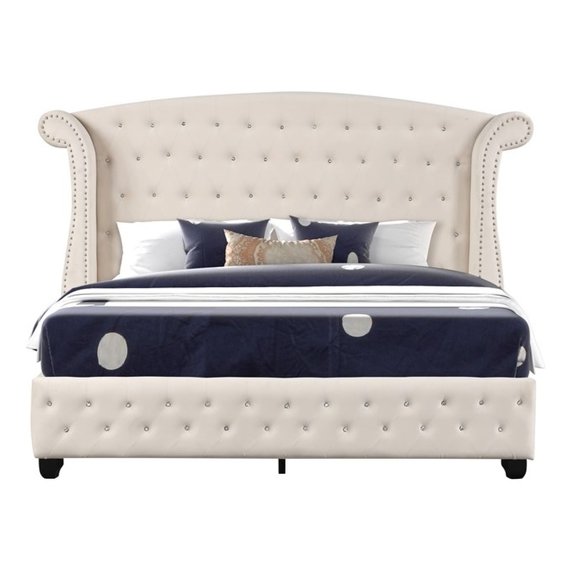 Pemberly Row Crystal Tufted Modern Full Bed made with Wood in Cream
