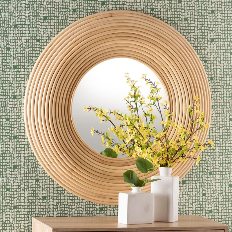 Pemberly Row Bohemian Natural Brown Rattan Round Accent Wall Mirror