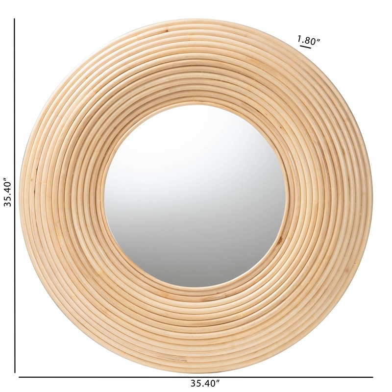 Pemberly Row Bohemian Natural Brown Rattan Round Accent Wall Mirror