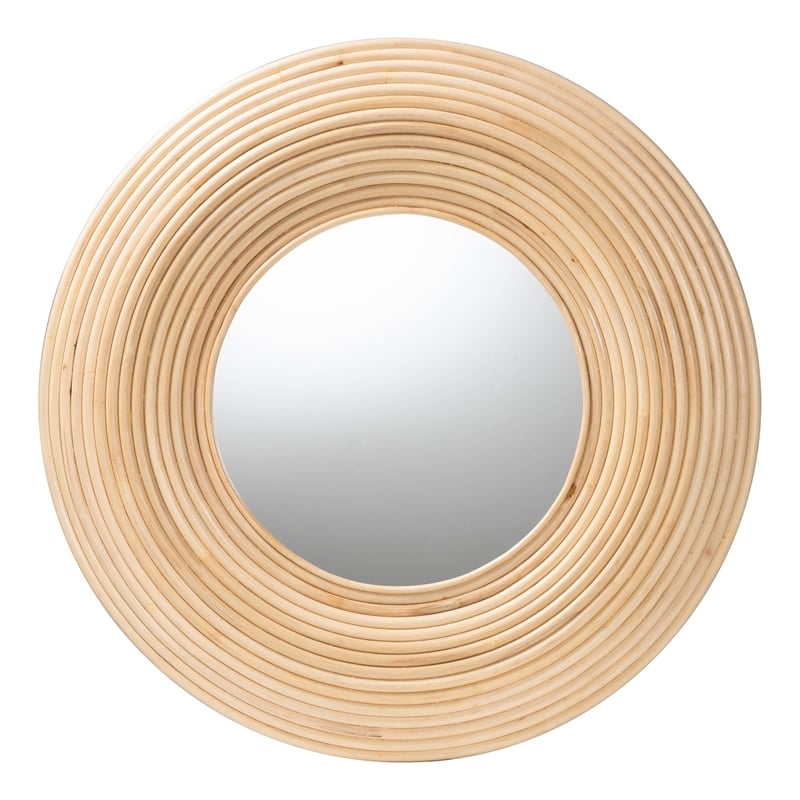Pemberly Row Bohemian Natural Brown Rattan Round Accent Wall Mirror