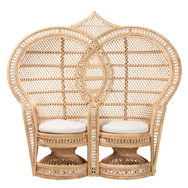 Pemberly Row Bohemian Natural Brown Rattan Two-Seater Peacock Chair