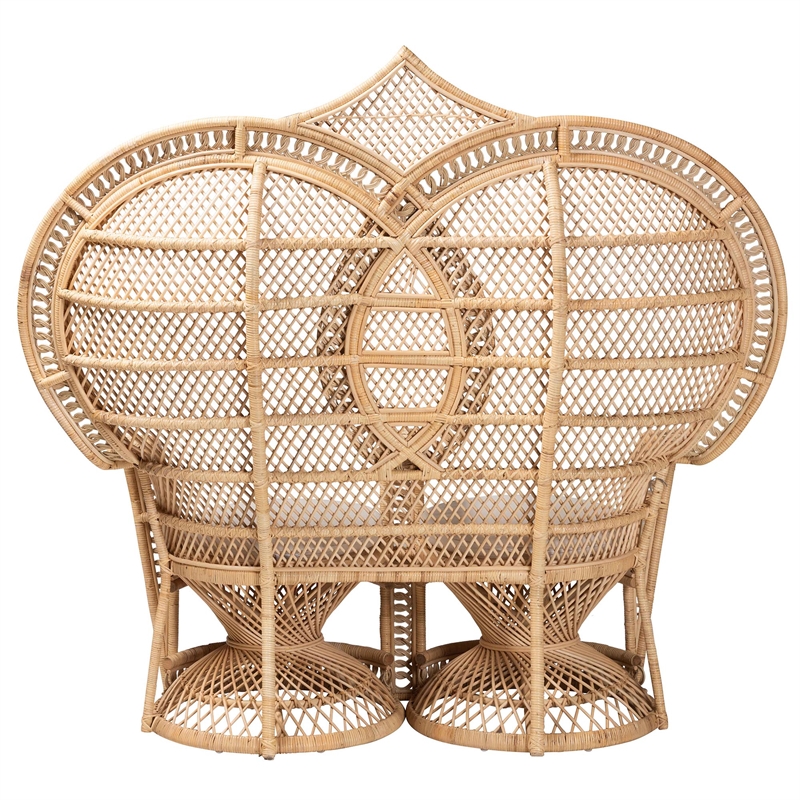 Pemberly Row Bohemian Natural Brown Rattan Two-Seater Peacock Chair