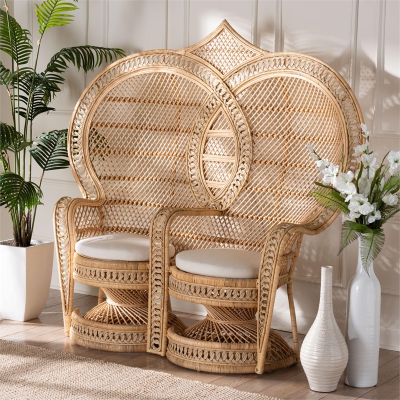 Pemberly Row Bohemian Natural Brown Rattan Two-Seater Peacock Chair