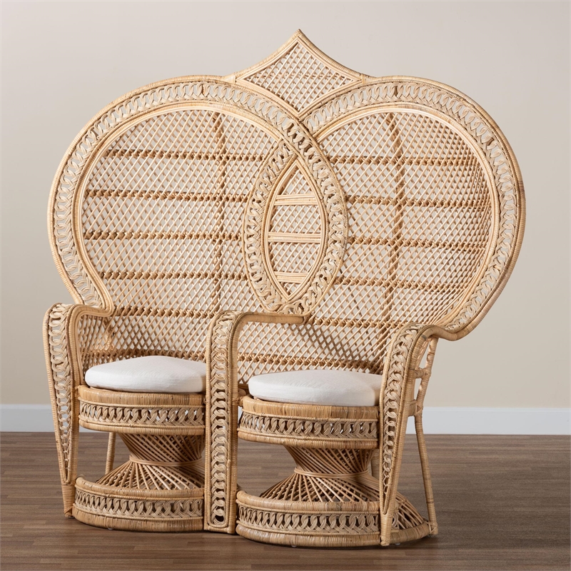 Pemberly Row Bohemian Natural Brown Rattan Two-Seater Peacock Chair