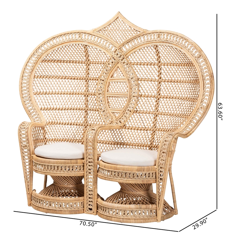 Pemberly Row Bohemian Natural Brown Rattan Two-Seater Peacock Chair