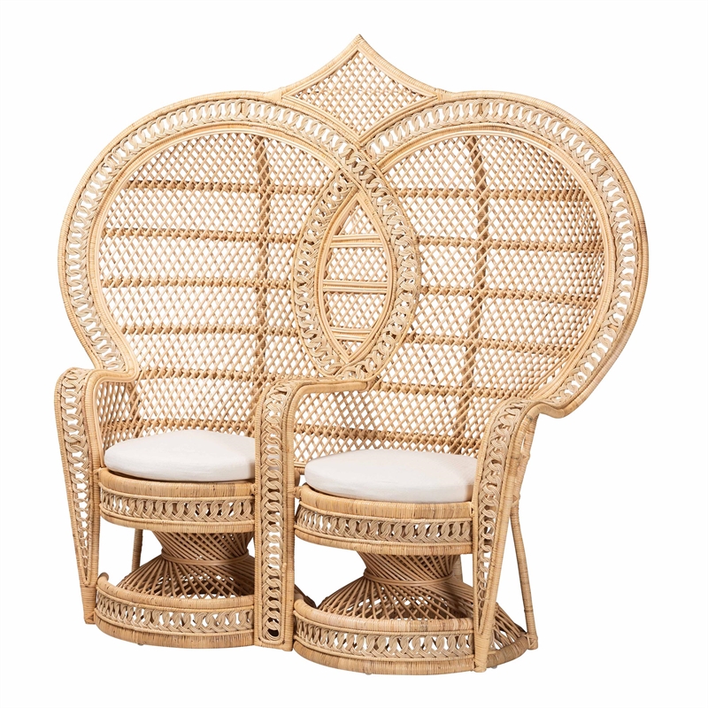 Pemberly Row Bohemian Natural Brown Rattan Two-Seater Peacock Chair