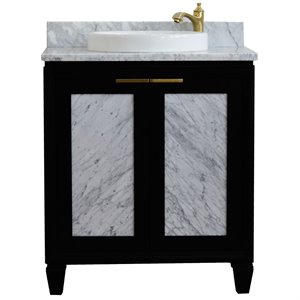 Pemberly Row Single Round Sink Solid Wood Vanity in Blue/White Carrara