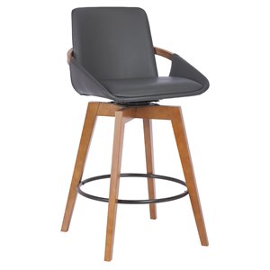 Pemberly Row 26&quot Wood/Faux Leather Swivel Counter Stool in Gray/Walnut