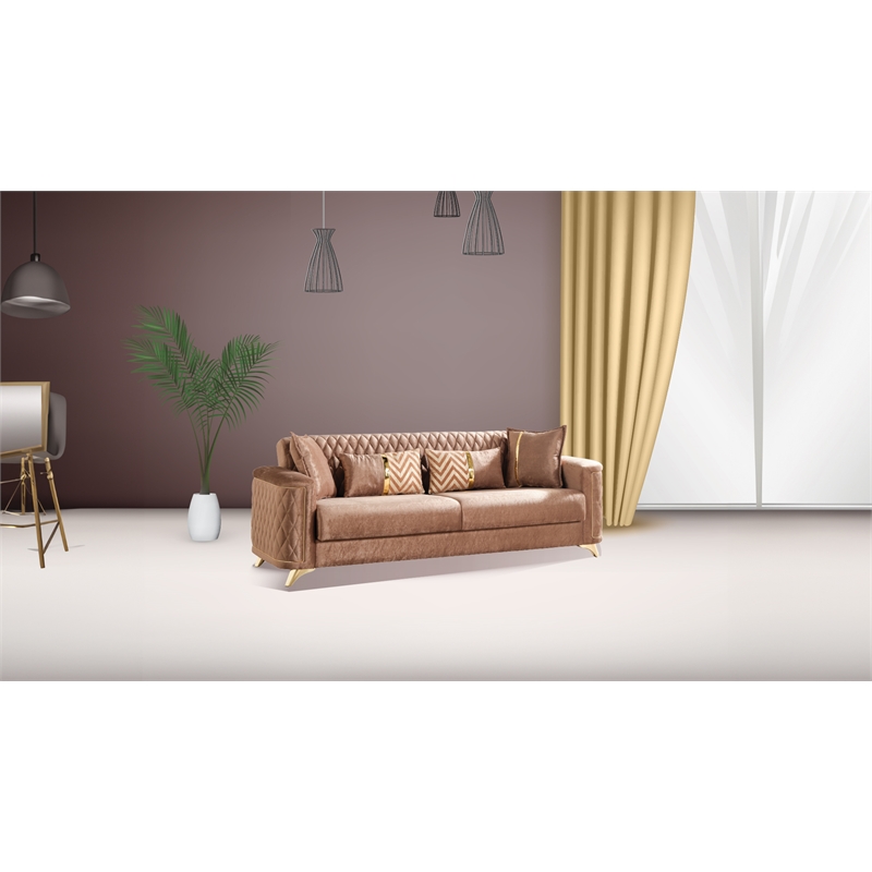 Pemberly Row Sofa Finished in Velvet Fabric made with wood in Copper Color