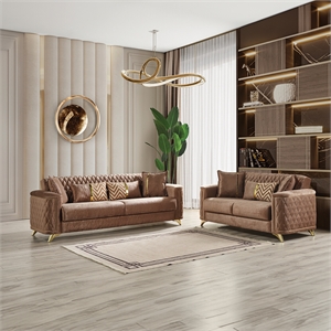 Pemberly Row 2 PC Finished in Velvet Fabric made with wood in Copper Color