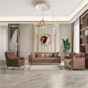 Pemberly Row 3 PC Finished in Velvet Fabric made with wood in Copper Color