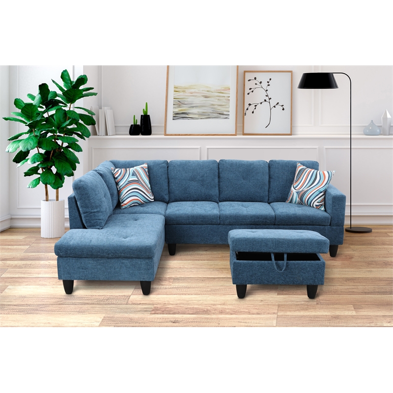 Pemberly Row L Shaped Blue Couch with Ottoman(Pillows Included) Microfiber