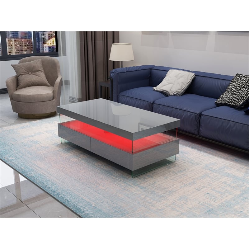 Pemberly Row Modern Coffee Table Bult-in LED Made with Wood in Gray