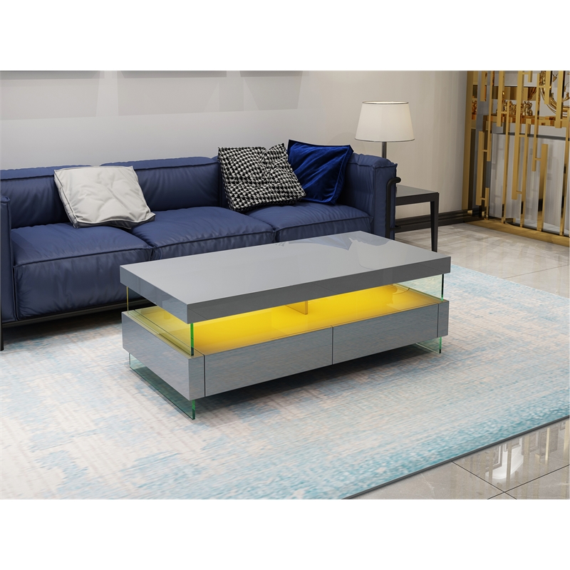 Pemberly Row Modern Coffee Table Bult-in LED Made with Wood in Gray