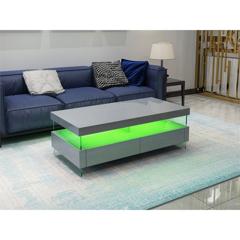 Pemberly Row Modern Coffee Table Bult-in LED Made with Wood in Gray