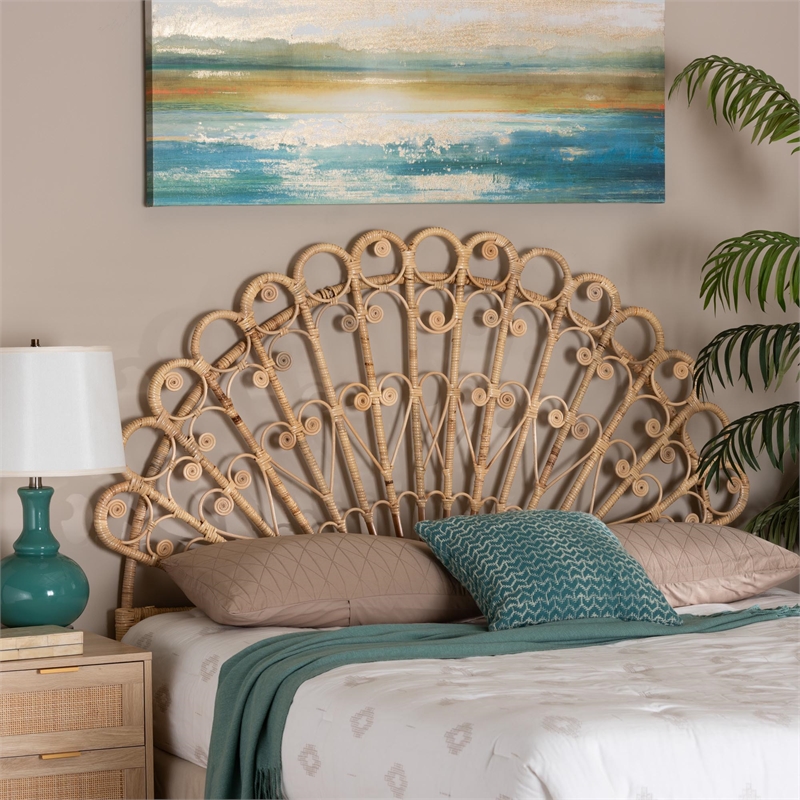 Pemberly Row Rattan Queen Size Standalone Headboard in Natural Brown