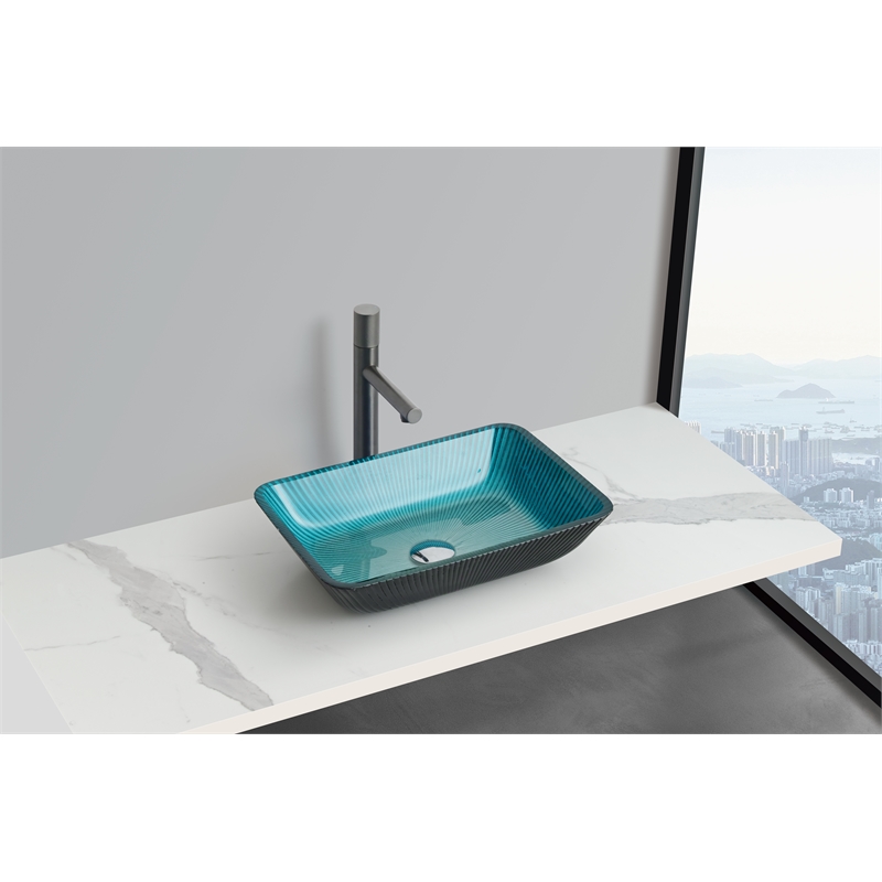 Pemberly Row Rectangular Tempered Glass Vessel Bathroom Sink in Blue