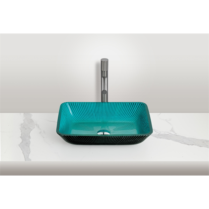 Pemberly Row Rectangular Tempered Glass Vessel Bathroom Sink in Blue