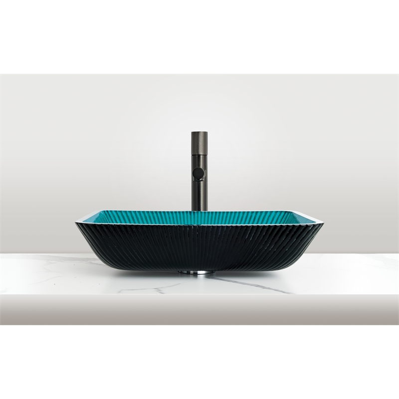 Pemberly Row Rectangular Tempered Glass Vessel Bathroom Sink in Blue