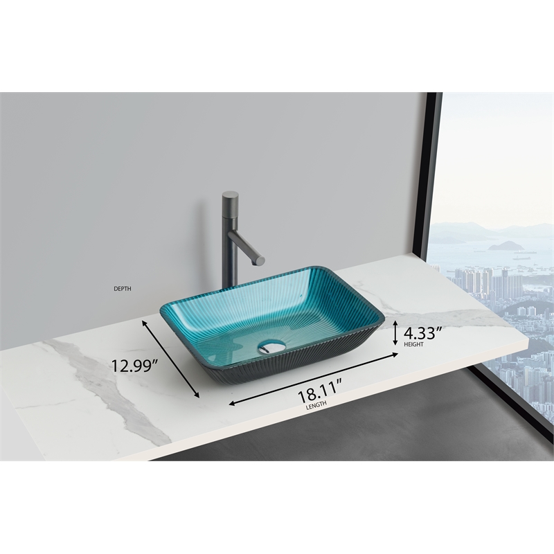 Pemberly Row Rectangular Tempered Glass Vessel Bathroom Sink in Blue