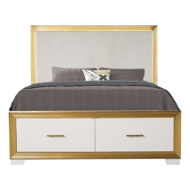 Pemberly Row Contemporary King Tufted Bed Made with Wood in Gold Finish