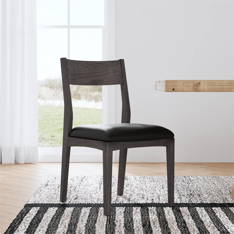 Pemberly Row Black Top Grain Leather Dining Chair with Solid Wood Frame