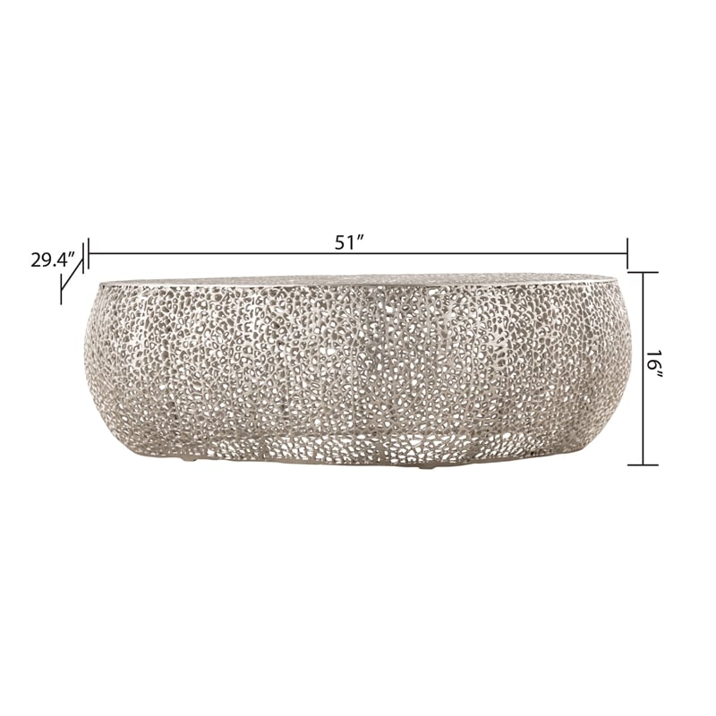 Pemberly Row Oval Shape Coffee Table Made with Aluminum in Silver Color