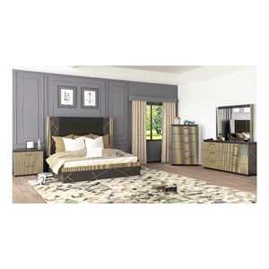 Pemberly Row Modern 4 PC Queen Bedroom Set Made with Wood in Black/Gold