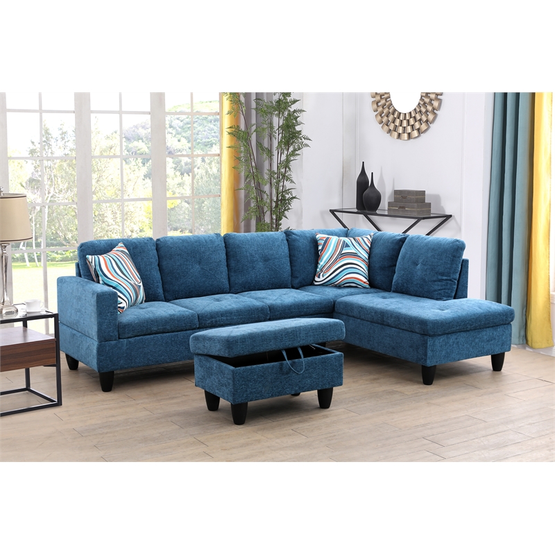 Pemberly Row L Shaped Blue Couch with Ottoman(Pillows Included) Microfiber