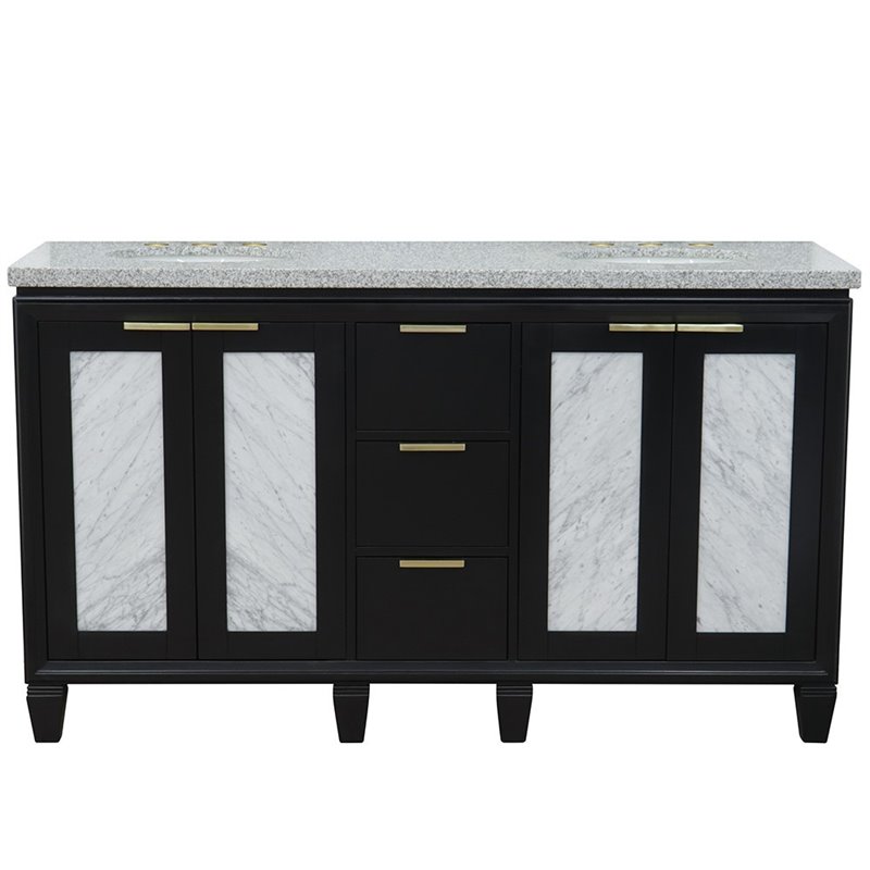 Pemberly Row Double Oval Sink Solid Wood Vanity in Blue/Gray Granite Stone