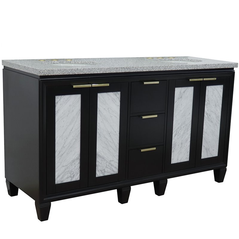 Pemberly Row Double Oval Sink Solid Wood Vanity in Blue/Gray Granite Stone